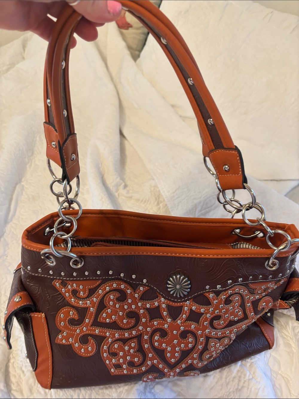 Studded Brown and Tan Embossed Leather Tote